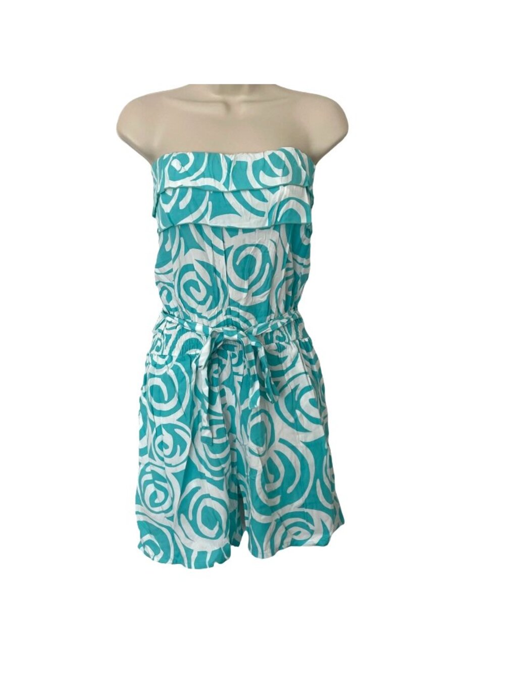Escapada Beach Romper Womens Aqua White Spiral Strapless Belted 4" Size M